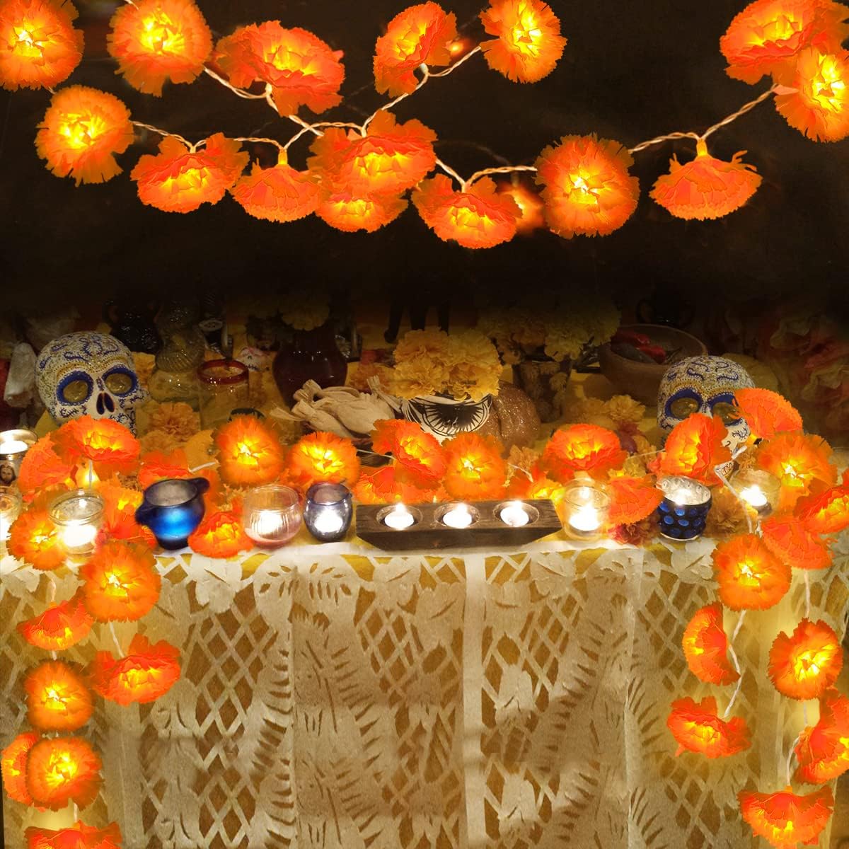 Wreaths, Garlands & Swags - 2 Pack Lighted Marigold Garland for Decoration Total 13Ft 40 LED Artificial Marigold Flowers Battery Operated for Day of The Dead Decorations Diwali Indian Party Wedding Mantle Backdrop Home Decor