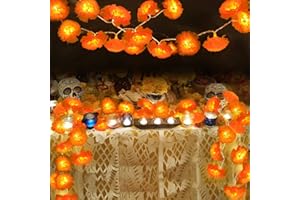 CandyHome 2 Pack Lighted Marigold Garland Total 13 Ft 40 Led Artificial Marigold Flowers String Lights for Day of The Dead Decorations Halloween Dia De Los Muertos Diwali Indian Party Decor, Orange