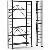 Himix 6 Tier Foldable Storage Shelves, Expandable Folding Bookshelf with Wheels, Changeable into 2 Shelf Units, Collapsible Adjustable Storage Rack Metal Shelves for Garage, Kitchen, Black