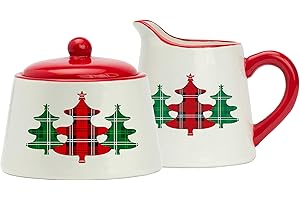 Amici Home Christmas Tree Sugar and Creamer Set | 8 oz Creamer and Sugar Bowl with lid | Made of Ceramic | Ideal for Storing Coffee, Sugar and Tea | Dishwasher Safe, Red, 7CM259-7CM260