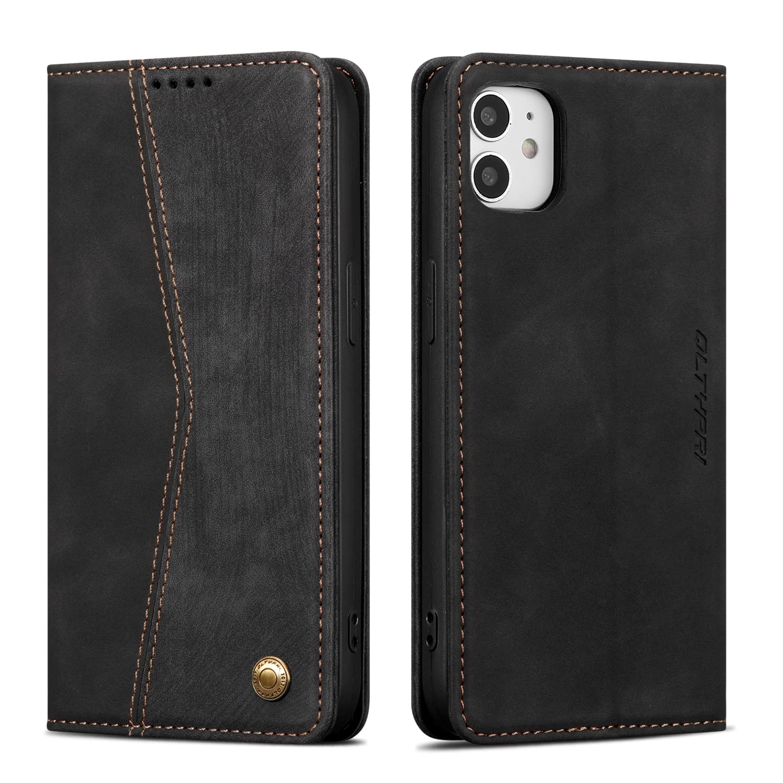 QLTYPRI Wallet Case for iPhone 11, Vintage PU Leather Folio Case with Card Slots Kickstand Magnetic Closure Shockproof Flip Phone Cover for iPhone 11 (6.1 inch) - Retro Black