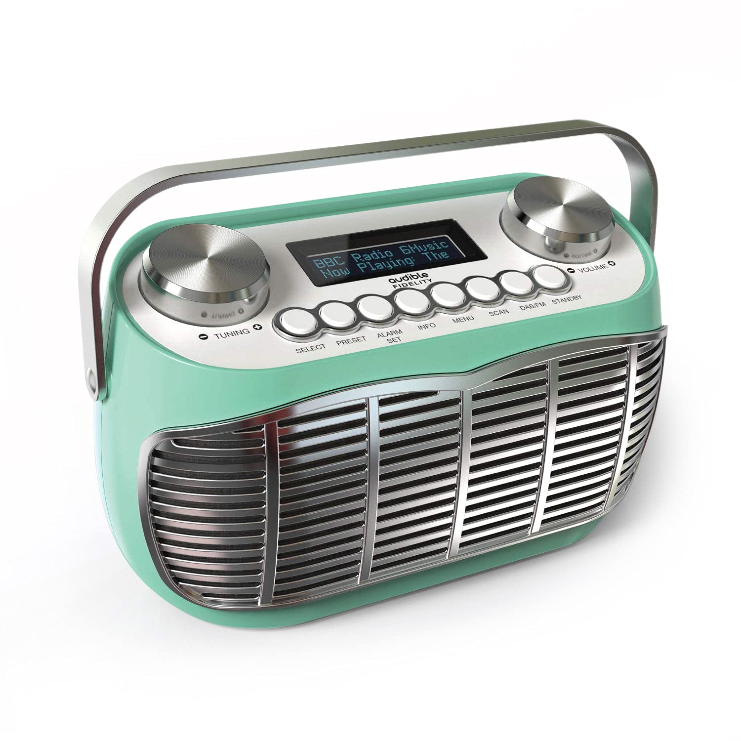 Audible Fidelity Detroit Retro Radio Alarm Clock, Mains Powered or Battery, FM & DAB/DAB+ Radio, LCD Display (Green)