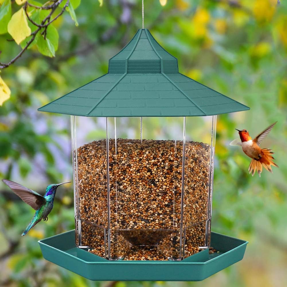 HIPPIH Wild Bird Feeder Hanging for Garden Yard Outside Decoration, Hexagon Shaped with Roof Hanging Panorama Bird Feeders for Mix Seed Blends, Classic Green : Garden & Outdoor