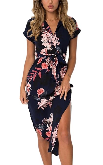 ECOWISH Womens Dresses Summer Casual V-Neck Floral Print Geometric Pattern Belted Dress Black 2XL