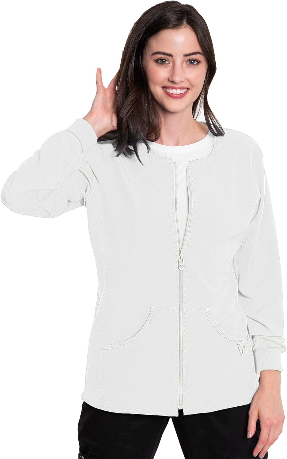 Med Couture Zip Front Warm Up Scrub Jacket for Women: Clothing