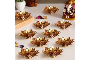 TIED RIBBONS Set of 10 Lotus Shape Brass Diyas for Pooja Home Decorations, Mandir, Temple | Decorative Flower Metal Diya Oil Lamp | Indian Pooja Ganesh Chaturthi | Diwali Decorations for Home