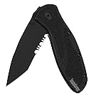 Kershaw Blur Tanto Black Serrated (1670TBLKST); 3.4” DLC-Coated, 14C28N Steel, Partially Serrated Blade; Anodized Aluminum Handle with SpeedSafe Opening, Lanyard Hole, Reversible Pocketclip; 3.9 OZ