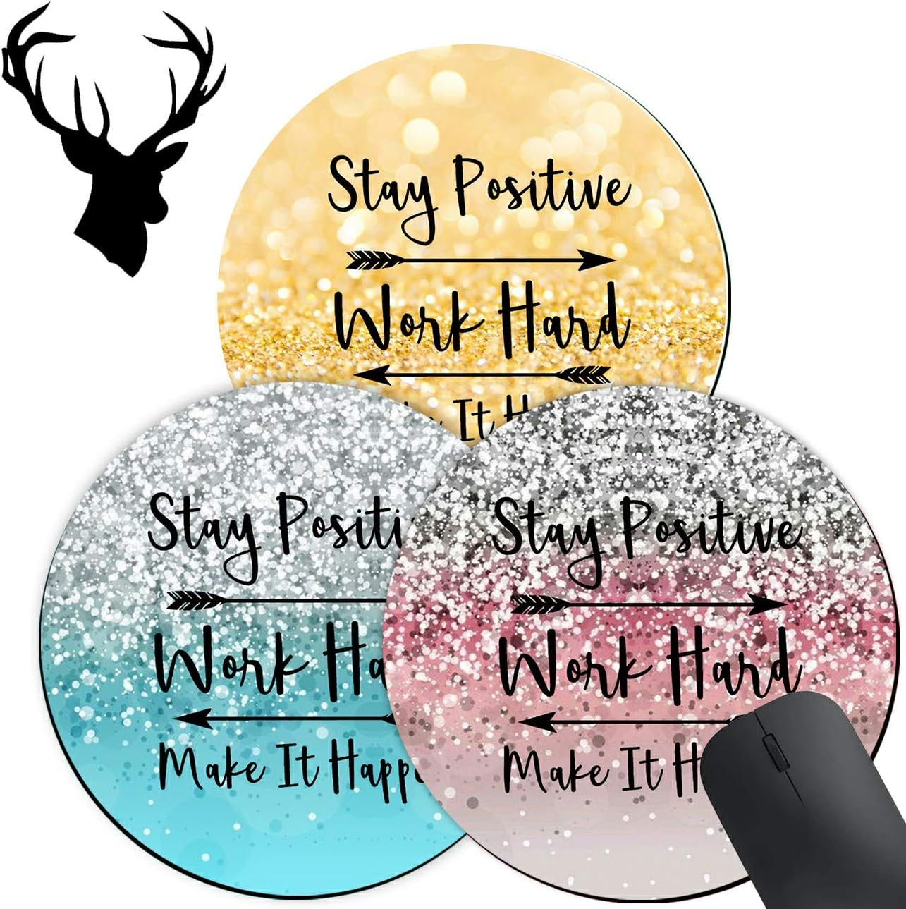3 Pack Gaming Mouse Pad, Stay Positive Work Hard and Make It Happen Arrow Pattern Design Mouse mat, Round Mouse Pads for to Laptop and Desktop Computer, Cute Mousepad with 2x2 inch Deer Head Stickers