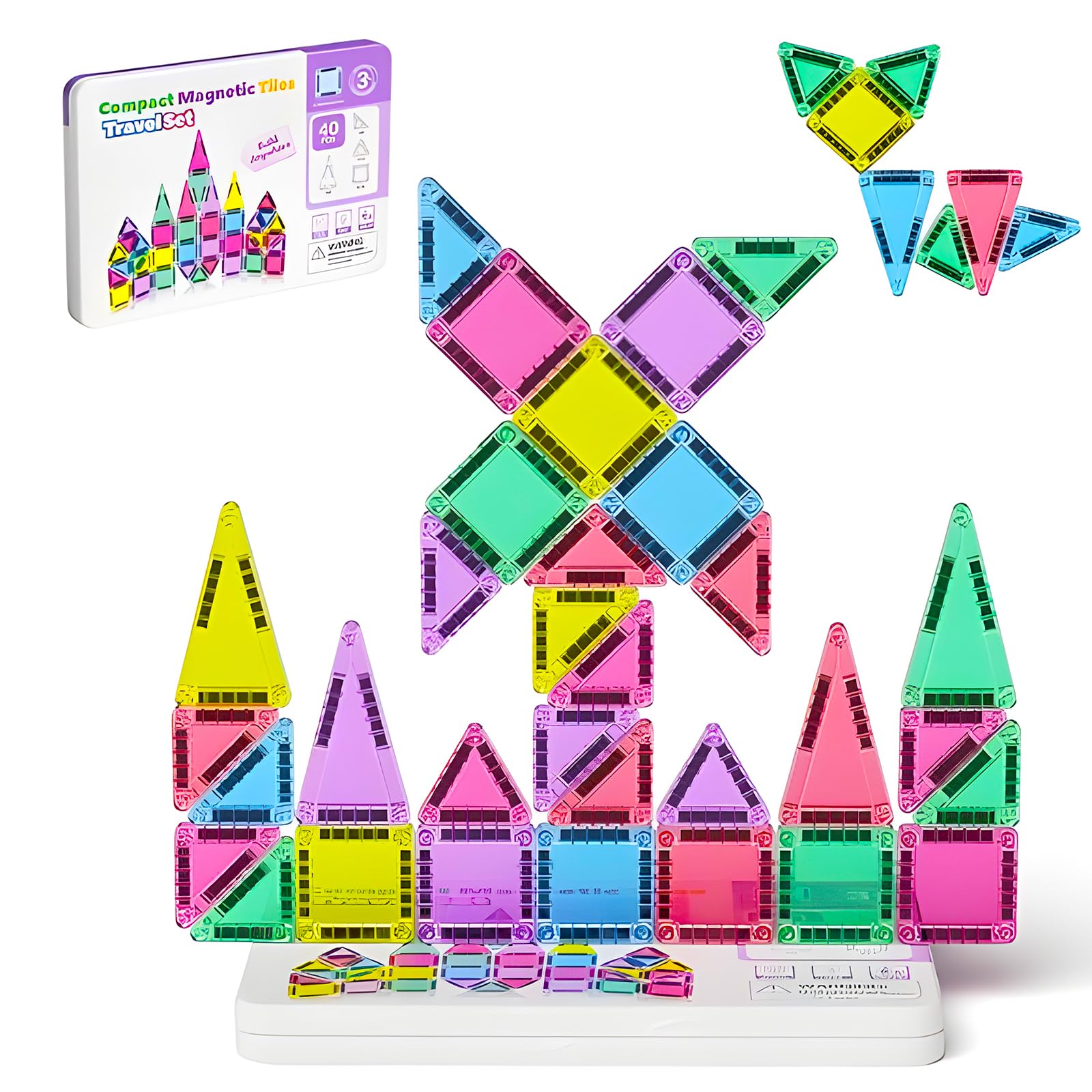 42Pcs Mini Magnetic Tiles, Travel Magnetic Tiles, Mini Magnet Toy with Iron Box Base, Toddler Travel Toys for 3+ Year Old Boys Girls Toddlers Preschool Learning Christmas Birthday Gifts