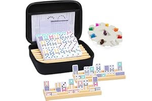 UVCANY Mexican Train Dominoes Set with 4 Wooden Trays/Racks, Double 12 Dominos Travel Set with 4 Domino Tiles Holders, 91 Tiles Double 12 Colored Dominoes Game Set with Portable Case for Families Kids