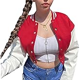 Xaspee Women's Casual Baseball Jacket Faux Leather Colorblock Button Crop Bomber Jacket