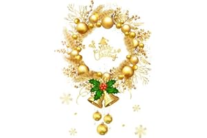 Jemattely Winter Gold Xmas Wreath Clings Large Whole Christmas Wreath Window Stickers New Years DIY Static Wall Window Door Mural Showcase Decal Sticker-15.7x23.6 in (1Pack)