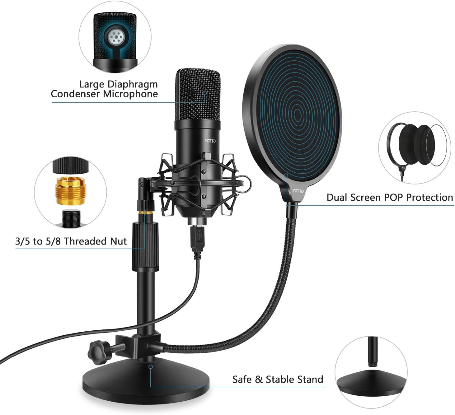 YOTTO USB Microphone 192KHZ/24BIT Condenser Cardioid Microphone Plug & Play PC Computer Mic for Podcast, Streaming, YouTube, Gaming, Recording with Pop Filter, Mic Stand, Shock Mount: Home Audio & Theater
