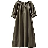 Minibee Women's Cotton Linen Dress Short Sleeve Midi Casual Plus Size Tunic Dress with Pockets