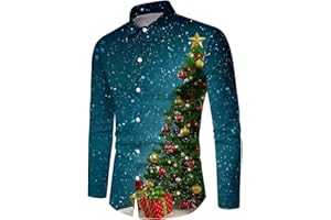 Men's Christmas Shirts Long Sleeve Button Down Dress Shirts Funny Xmas Printed Casual Loose Fit Holiday Party Tops