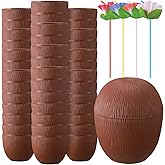 36 Pieces Coconut Cups with 36 Pieces Flower Straws Tropical Coconut Drink Cups Plastic Hawaii Party Cups with Straws for Hawaiian Luau Tiki and Beach Summer Theme Party Decoration for Kids and Adults
