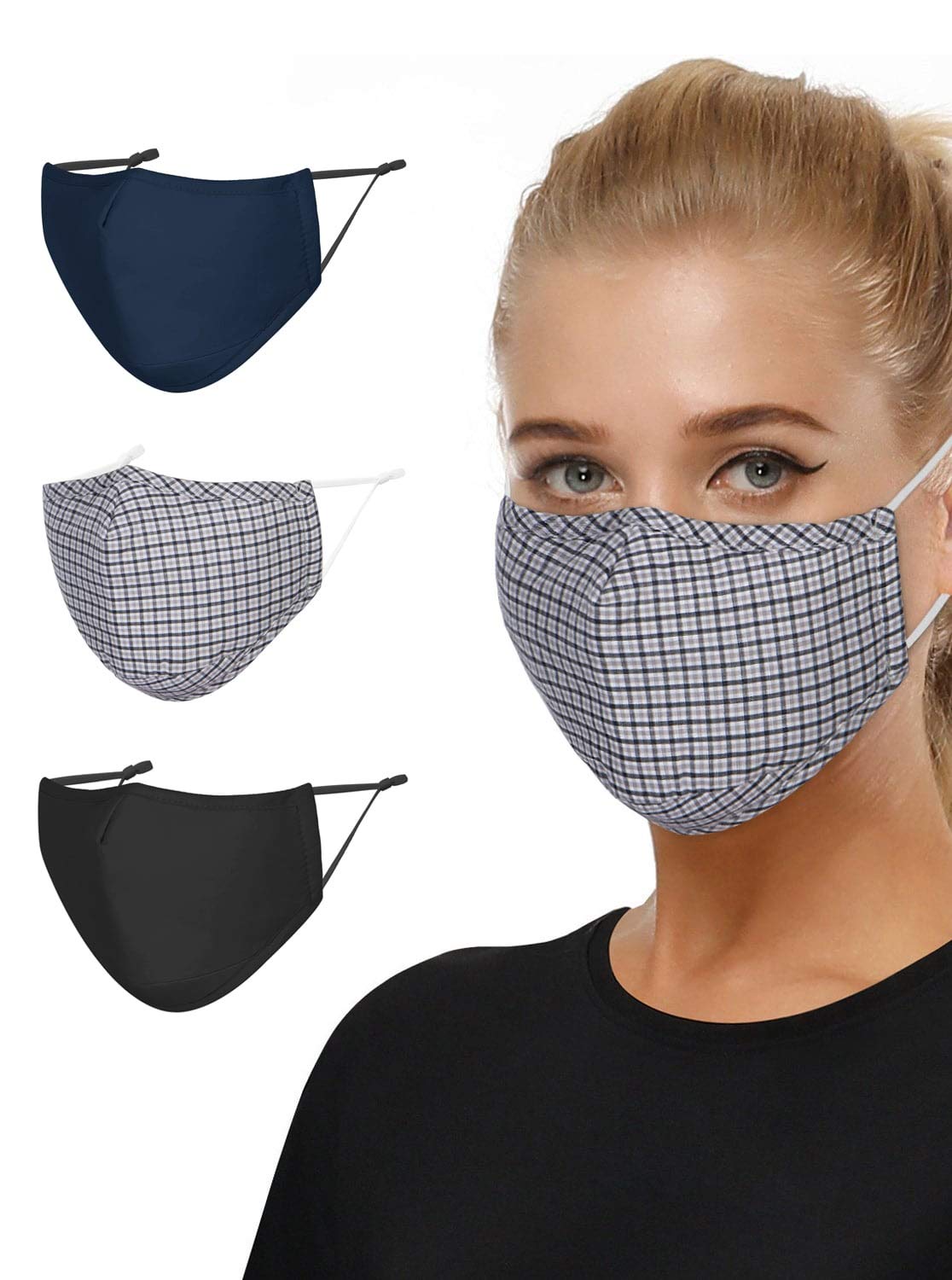 Youth & Adults Adjustable Cloth Mouth Face Shield, Reusable Washable Face Mask Fashion Protector for School/Work/Daily Outdoors Use (3 Pack) Grey Plaid&Black&Navy Blue