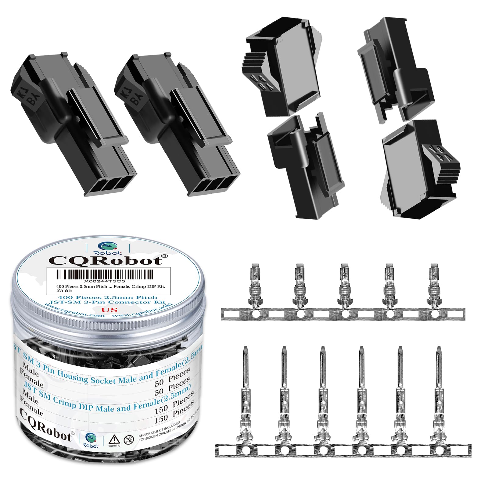 CQRobot JST SM 2.5 mm Pitch 3-Pin Electronic Connector IC Male Plugs, Female Sockets Housing and Male/Female T-Shaped Crimp Terminal Kit. 50 Sets/400 Pieces Wire-Wire Adapter Cable Assembly.