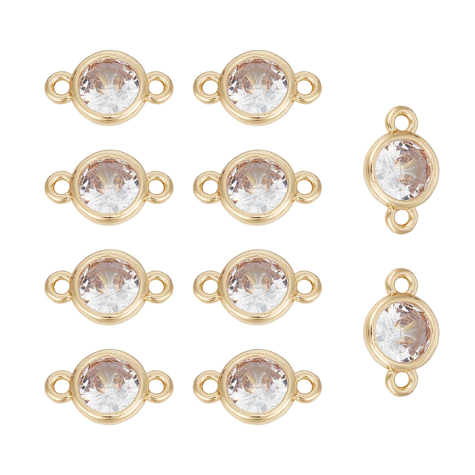 NICENEEDED 10 Pcs Cubic Zirconia Links Charms, 14K Gold Plated Round Glass Gemstone Pendants, Rhinestone Crystal Links Connectors for DIY Dangle Earring Necklaces Bracelets Making