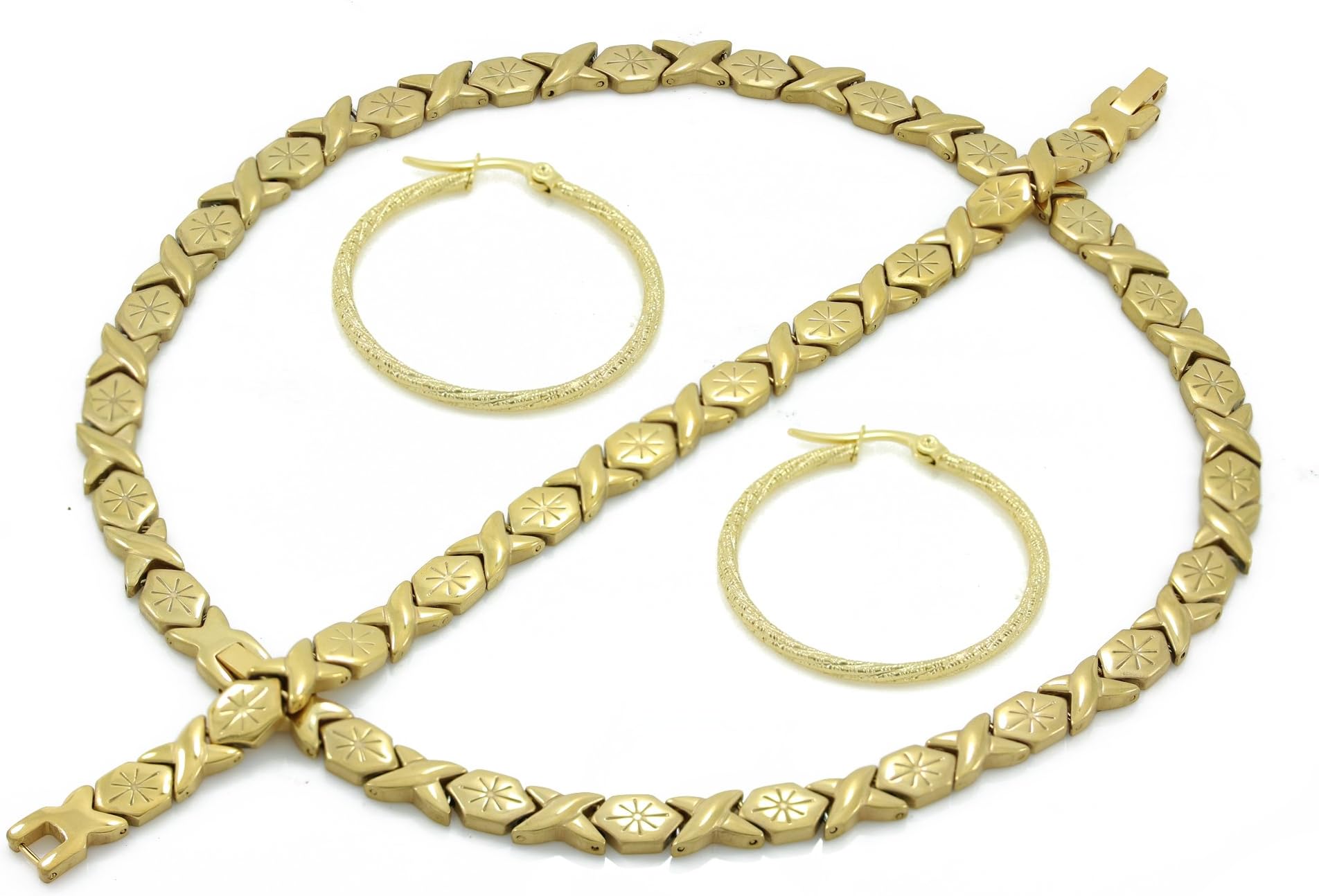 Womens Gold Finish Hugs & Kisses Necklace Bracelet Set With Hoop Earring