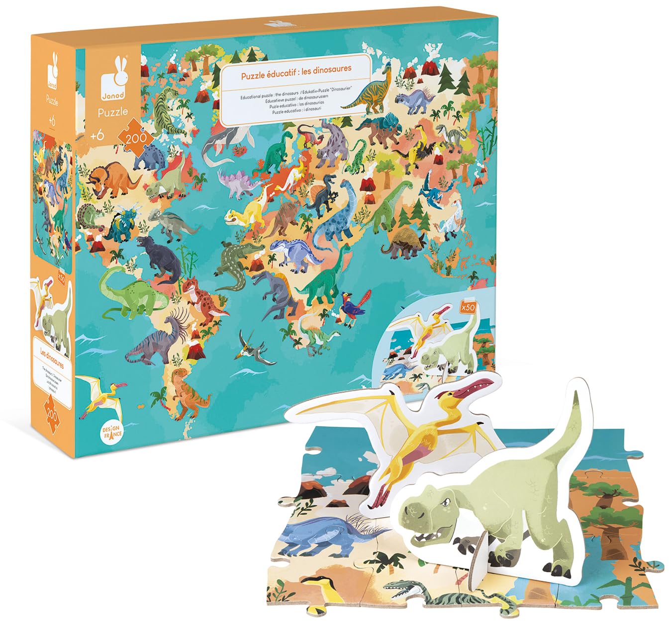 Janod - Dinosaurs Children’s Educational Puzzle - 200 Pieces - Suitable for ages 6 and up - J02679
