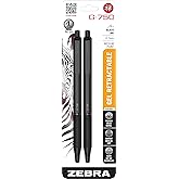 Zebra Pen G-750 2 Pack Gel Pens, Black Ink, Medium Point 0.7mm, Black Brass Barrel, Knurled Grip, Secure Metal Clip, Refillab