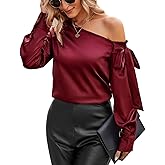 VIDUSSA Women's Off Shoulder Tops Satin Silk Shirts Casual Dressy Blouse Long Sleeve Office Work Tunics