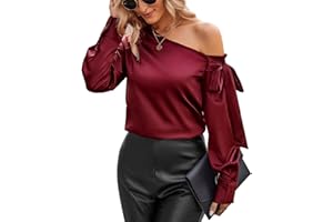 VIDUSSA Womens Satin Shirt Off Shoulder Silk Office Work Blouse Long Sleeve Casual Tunic Tops