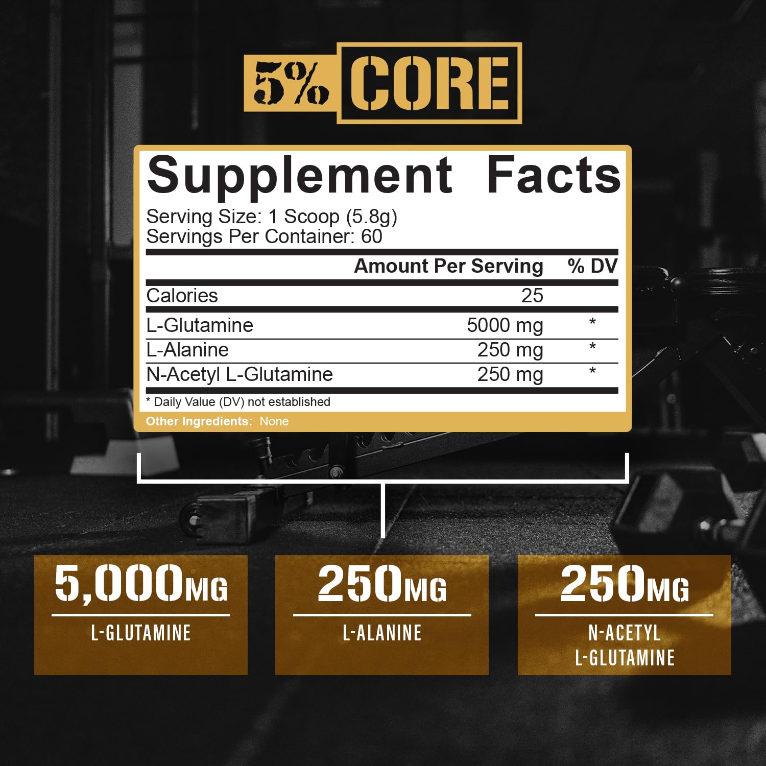5% Nutrition Core L-Glutamine 5000 Supplement w/L-Alanine | Immune & Digestive Support | Amino Acid Muscle Builder Post Workout Recovery | Unflavored (60 Servings)