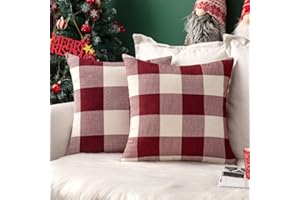 MIULEE Pack of 2 Christmas Classic Farmhouse Buffalo Check Plaids Linen Soft Soild Decorative Square Porch Throw Pillow Covers Home Decor Cushion Case for Sofa Bedroom 18x18 Inch, White and Red