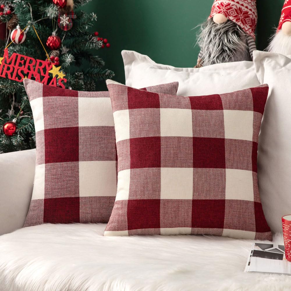 Photo 1 of MIULEE Pack of 2 Christmas Farmhouse Checkers Buffalo Plaids Polyester Linen Soft Soild Square Porch Throw Pillow Covers Home Decor Cushion Case for Sofa Bedroom Outdoor 20 x 20 Inch Red and White