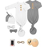 2Pk Newborn Baby Knotted Gowns, Soft Sleeper Coming Home Outfit with Hello World Announcement Sign & Ink Pad for Baby Birth