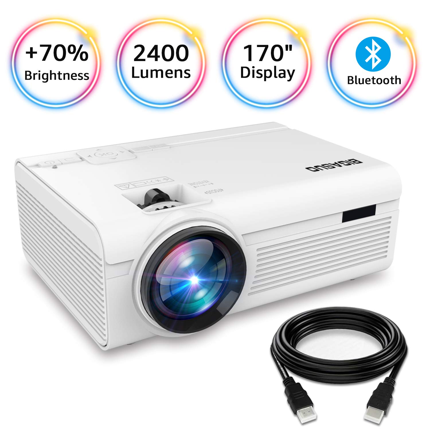 BIGASUO Projector, Portable Bluetooth Projector 2400 Lumens, Mini