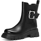CouieCuies Black Chelsea Boots for Women Round Toe Chunky Thick Motorcycle Boot Comfortable Gothic Boots Zipper