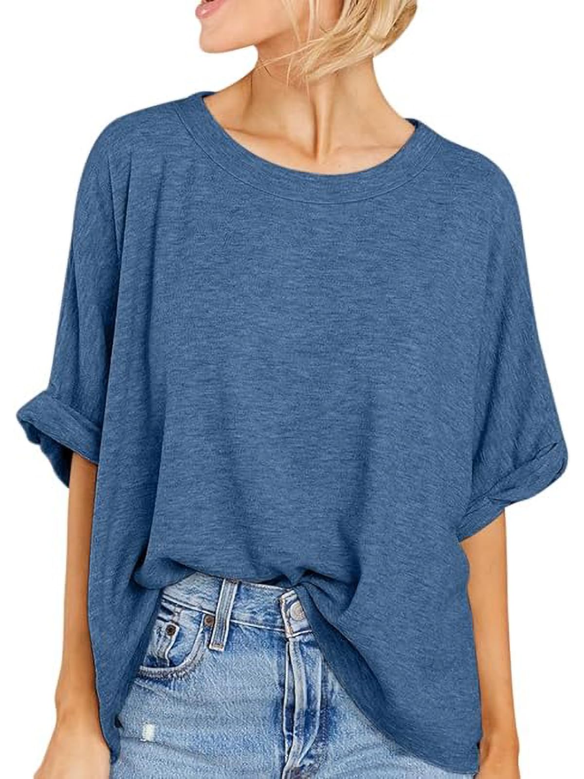 Photo 1 of Langwyqu Womens Tops Oversized Tshirts Summer Short Sleeve T Shirts Business Casual Loose Fit Basic Tees Spring Fall Fashion Trendy Clothes 2025 Navy
