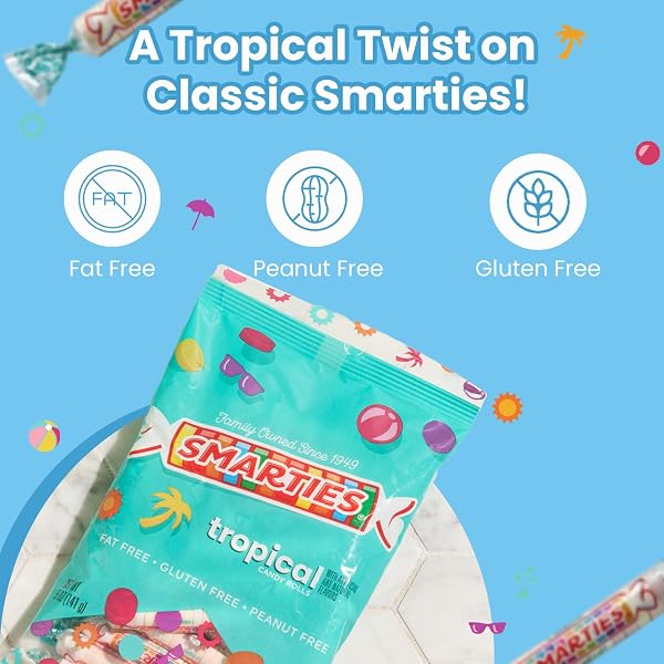SMARTIES TROPICAL CANDY ROLLS, GLUTEN-FREE & VEGAN FLAVOR TREATS, HARD INDIVIDUALLY WRAPPED, PEANUT-FREE PLANT DERIVED INGREDIENTS, HALLOWEEN, 2 LB BAG