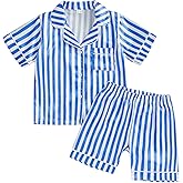Fsadfeas Toddler Boy Girl Summer Pajamas Short Sleeve Lapel Button Down Striped Tops+Elastic Waist Shorts Satin PJ Sleepwear