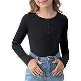 Arshiner Girls Long Sleeve Henley Ribbed Knit Shirts for Girls Button Down Slim Fit Tops Round Neck Blouses