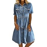 chouyatou Women Summer Casual Button Down Midi Denim Shirt Dress Cute Distressed Tiered Ruffle Jean Dress