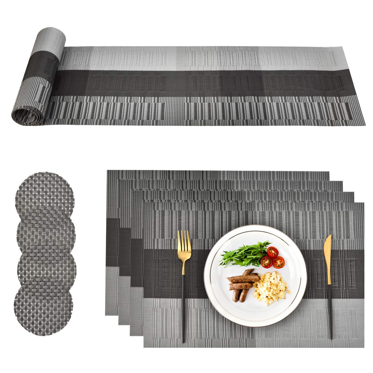CCKOLE Placemats PVC Washable, Dining Table Mats Set Tear-proof Heat Resistant, 4 x Place Mats 4 x Coasters and 1 x Table Runner for Kitchen, Restaurant, Hotel, Cafe, Black Grey (Black-Grey)