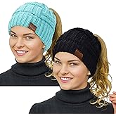 Rosoz Womens Ponytail Beanie Winter Beanie Hat Ponytail Hatfor Women Tail Stretch Cable Knit Cap Messy High Bun Hat
