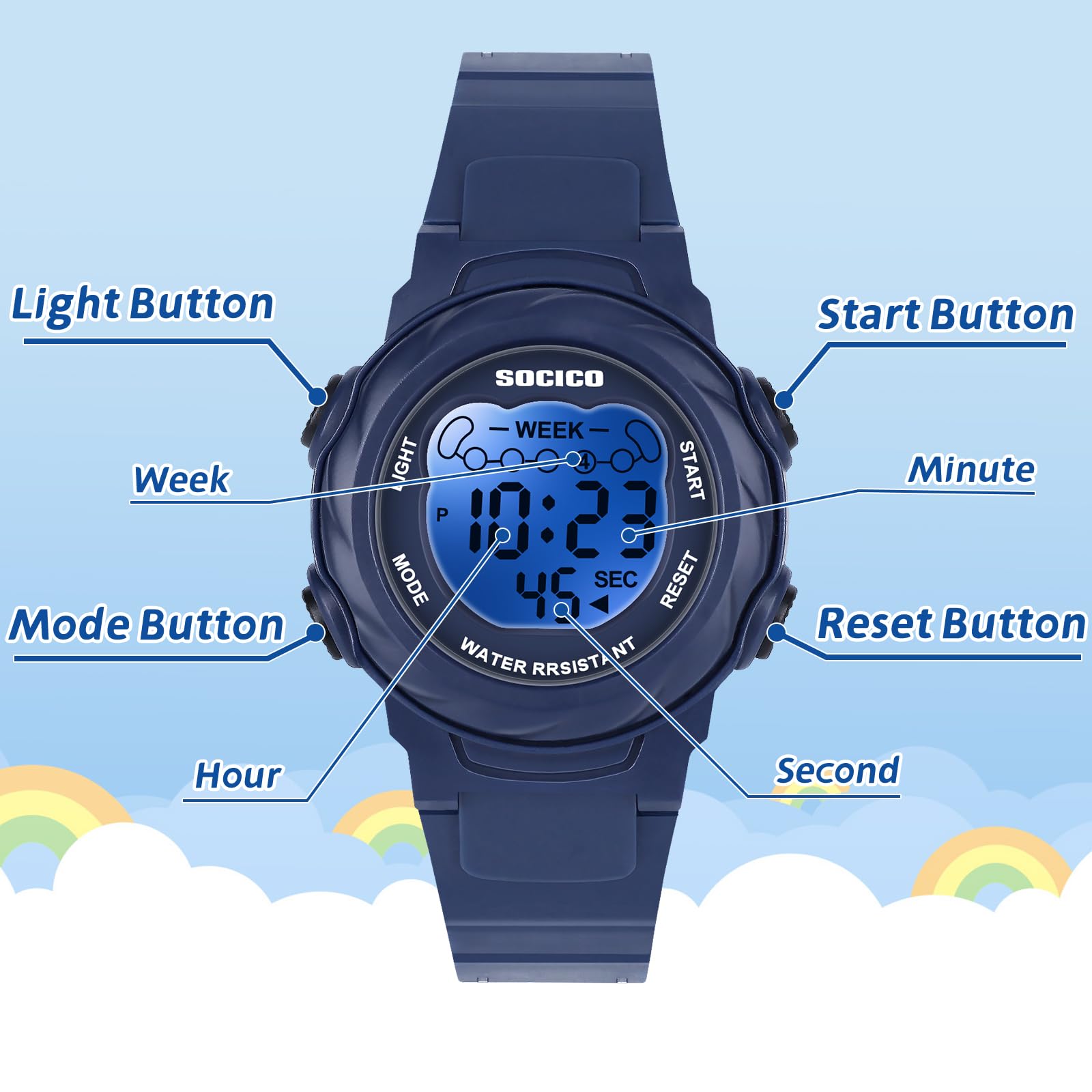 SOCICO Kids Digital Watches for Girls Boys, 5ATM Waterproof, 7 Color Lights Waterproof Watches for Kid with Alarm Stopwatch, Soft Band Wrist Watch Christmas Gifts for Kids Ages 5-12