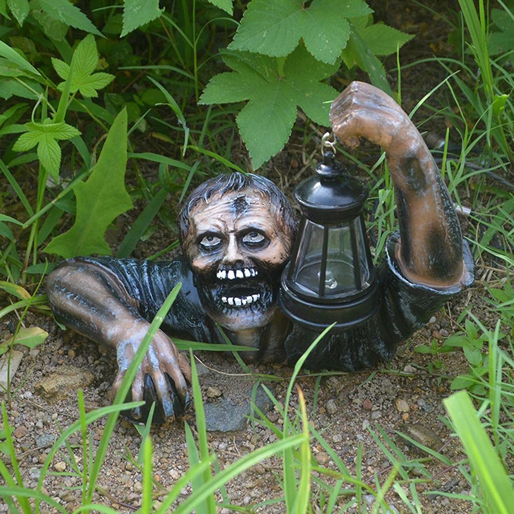 Halloween Zombie with Led Lantern Resin Zombie Garden Statues Horror Movie Garden Gnomes Statue for Outdoor Garden Patio Yard Lawn