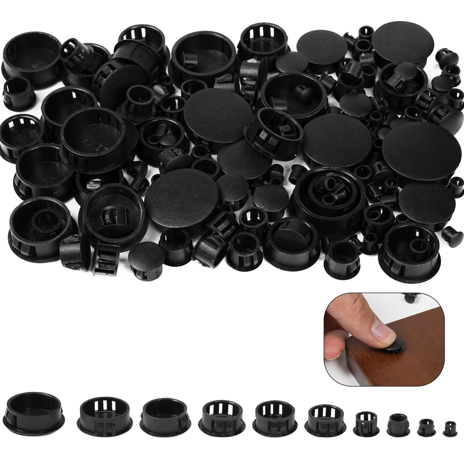 VEPEPE 150 PCS Black Plastic Hole Plugs, 6/8/10/12/16/20/22/25/28/30 mm Black Screw Covers Plugs Set, Plastic Blanking Plug for Holes Cover Caps, Plug for Cabinet Furniture Locking Hole
