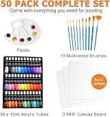 ARTKUNST 50 Pack Acrylic Paint Set with 36 Colors 12ml 10 Brushes 3 Canvases view 5