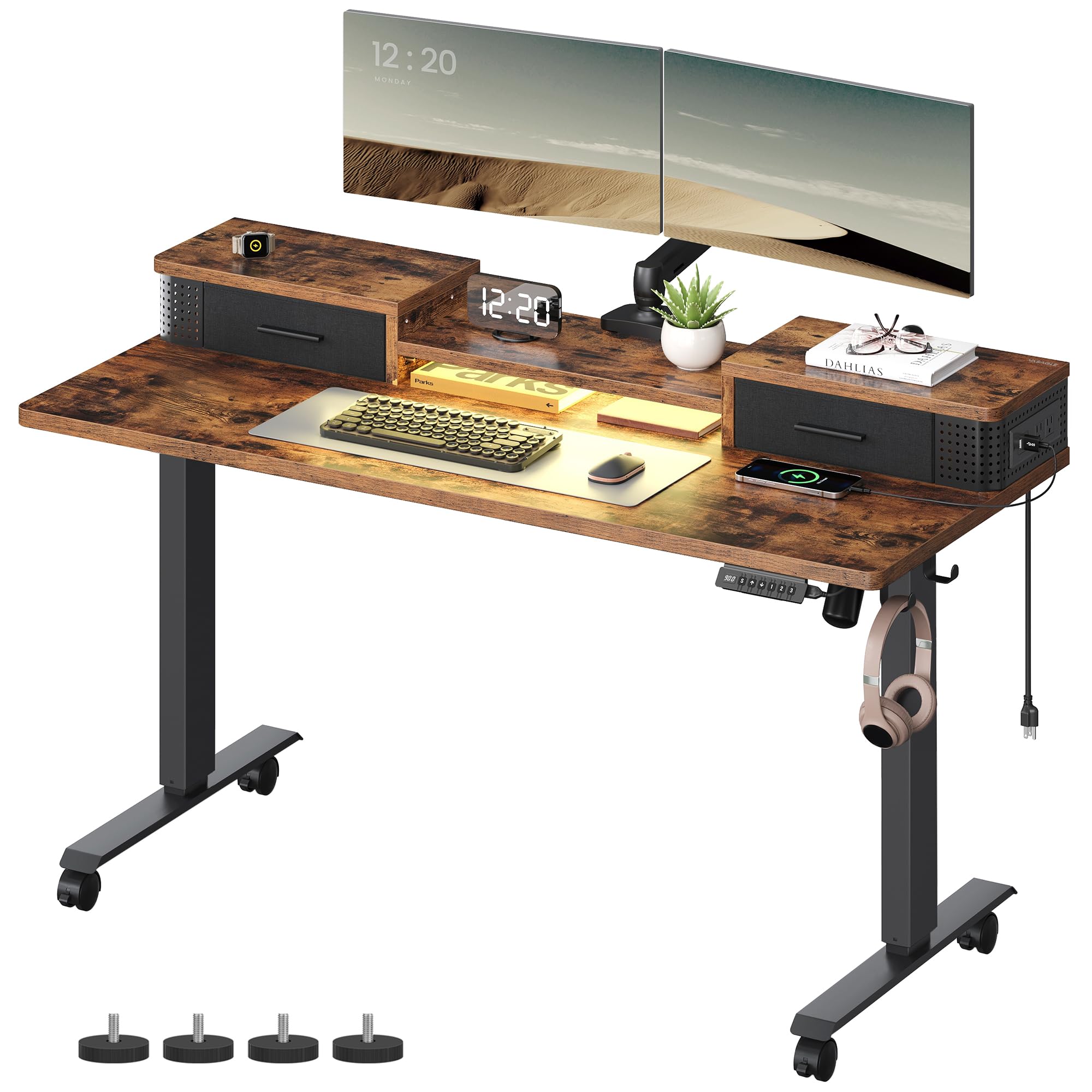 VASAGLE Electric Standing Desk with Drawers, 55.1 x 23.6 Inches, Sit Stand Desk with Power Outlet and LED Lights, Adjustable Height, Storage Shelf, 3 Memory Buttons, for Home Office, Rustic Brown