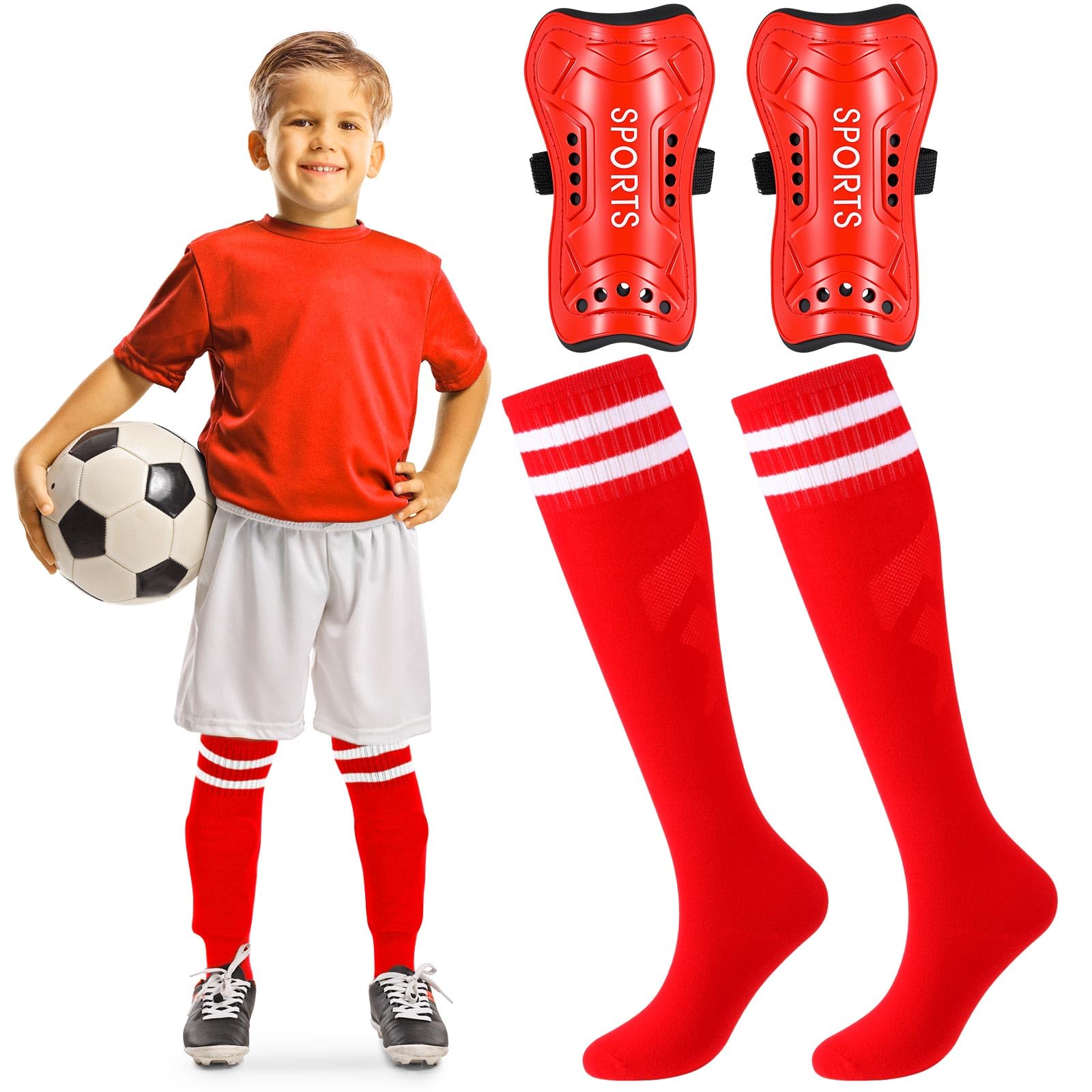 Syhood Soccer Shin Guards and Socks for Toddler Kids Youth, Lightweight Soccer Shin Pads Protective Defender Gear for 3-5, 5-10, 10-15 Years Old Children Teen Boys Girls Sports Game(S Size,Red)