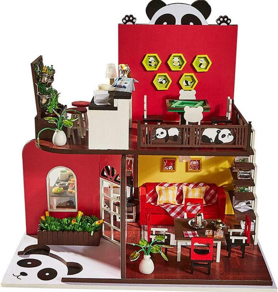 LFHT DIY Miniature Dollhouse Kit Realistic Mini 3D Wooden Panda's House Room Craft Furniture LED Lights Christmas, Birthday Gift for Boys & Girls Home Decoration