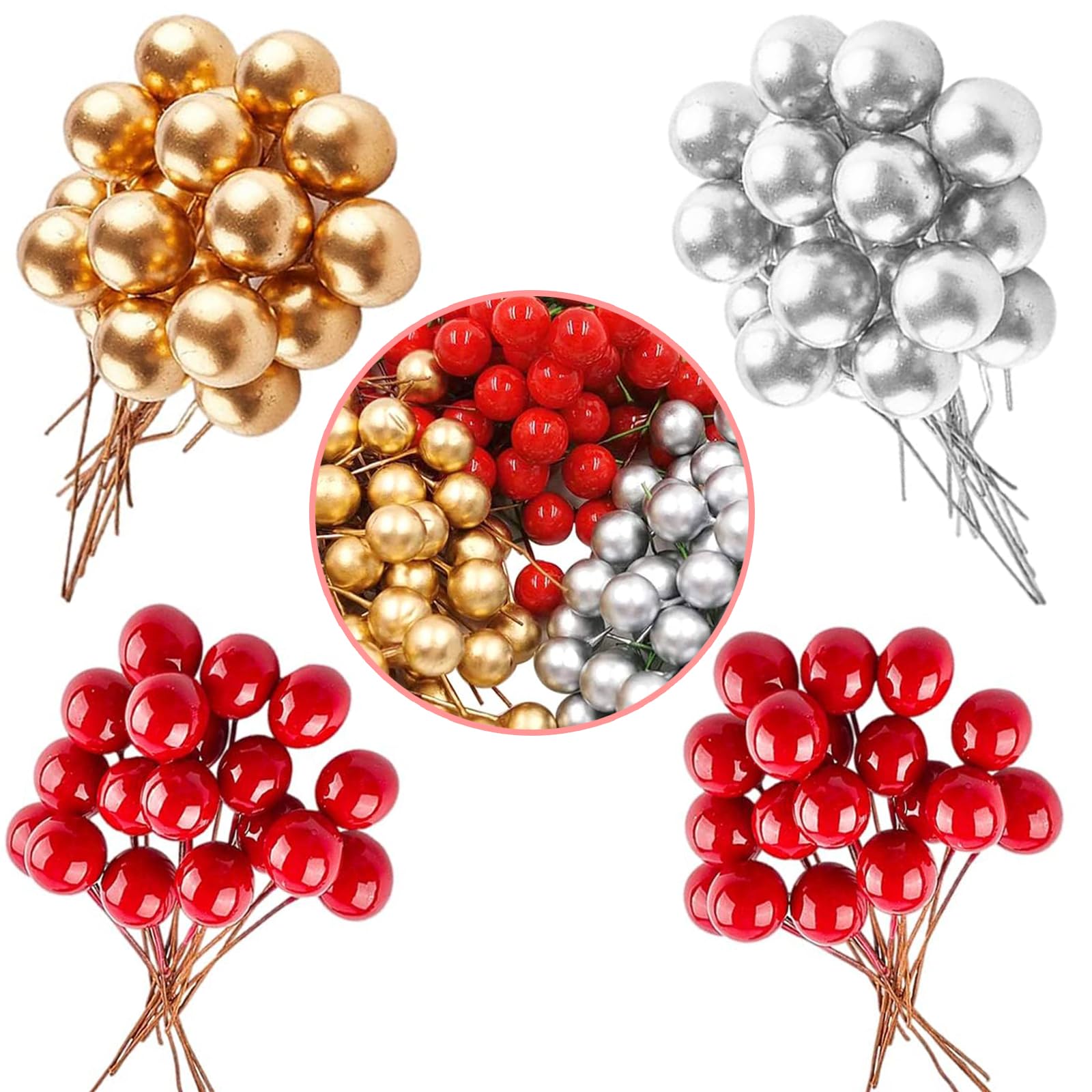 POPOYU 100pcs Christmas Berry Artificial Holly Berries, Artificial Fruits Red Berry Picks Winter Berries Bunch Berry Branches for Xmas Tree Decs,Christmas Wreath Making Decorations Supplies,Multicolor