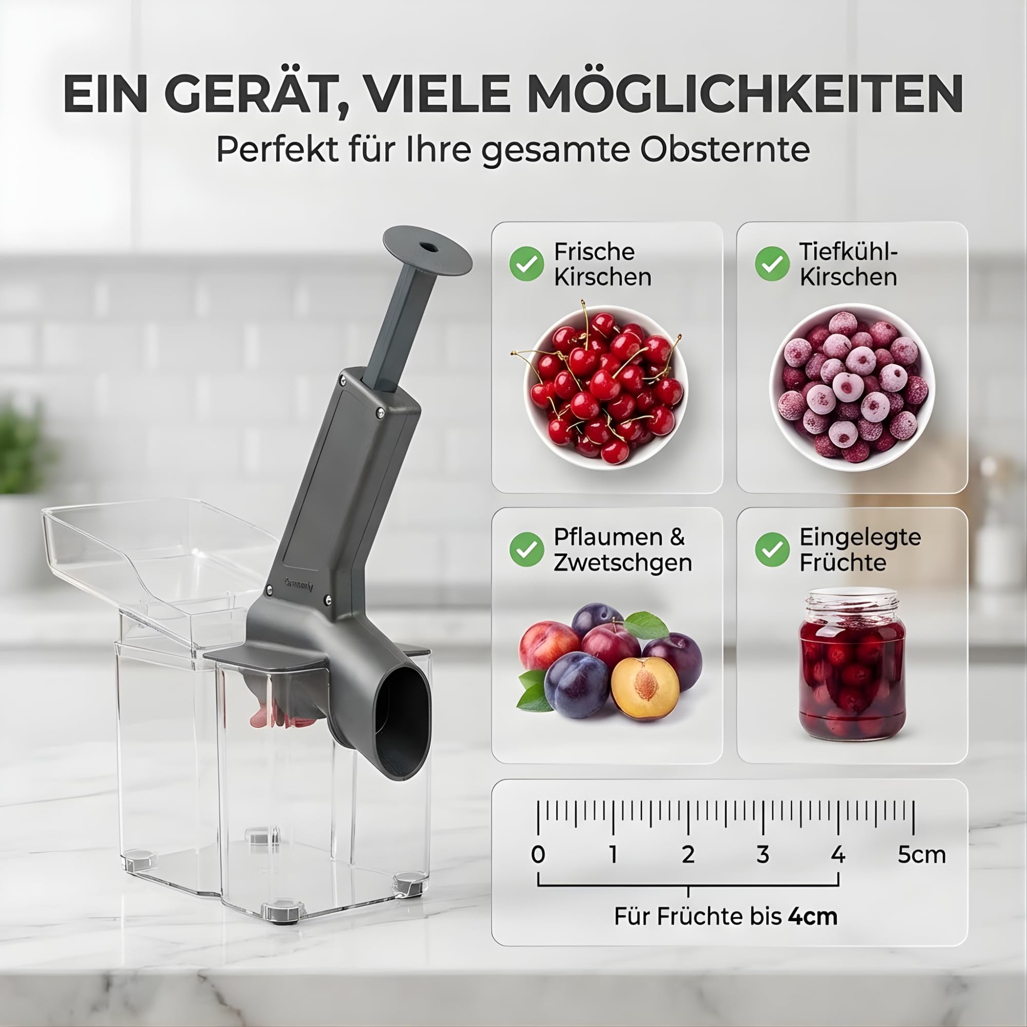 Thiru Premium Kirschentkerner (inkl. Verschleißteil) - hohe Entkernleistung - 100 Tage testen - frische, konservierte, tiefgekühlte Kirschen - mit Spritzschutz - inkl. 25 Rezepte - Made in Germany 3